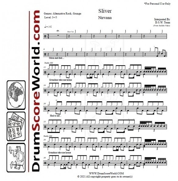 Nirvana - Sliver - Drum Sheet